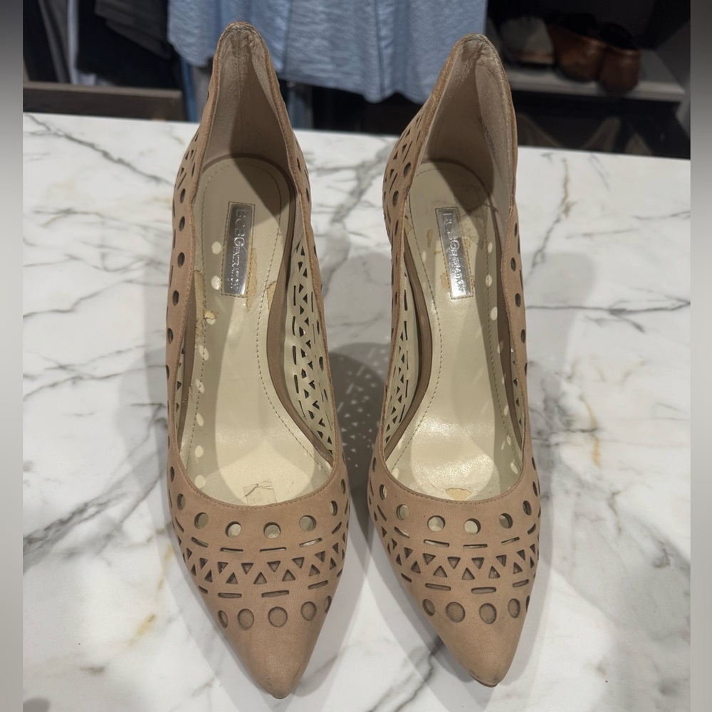BCBGeneration Taupe Laser-Cut Heels